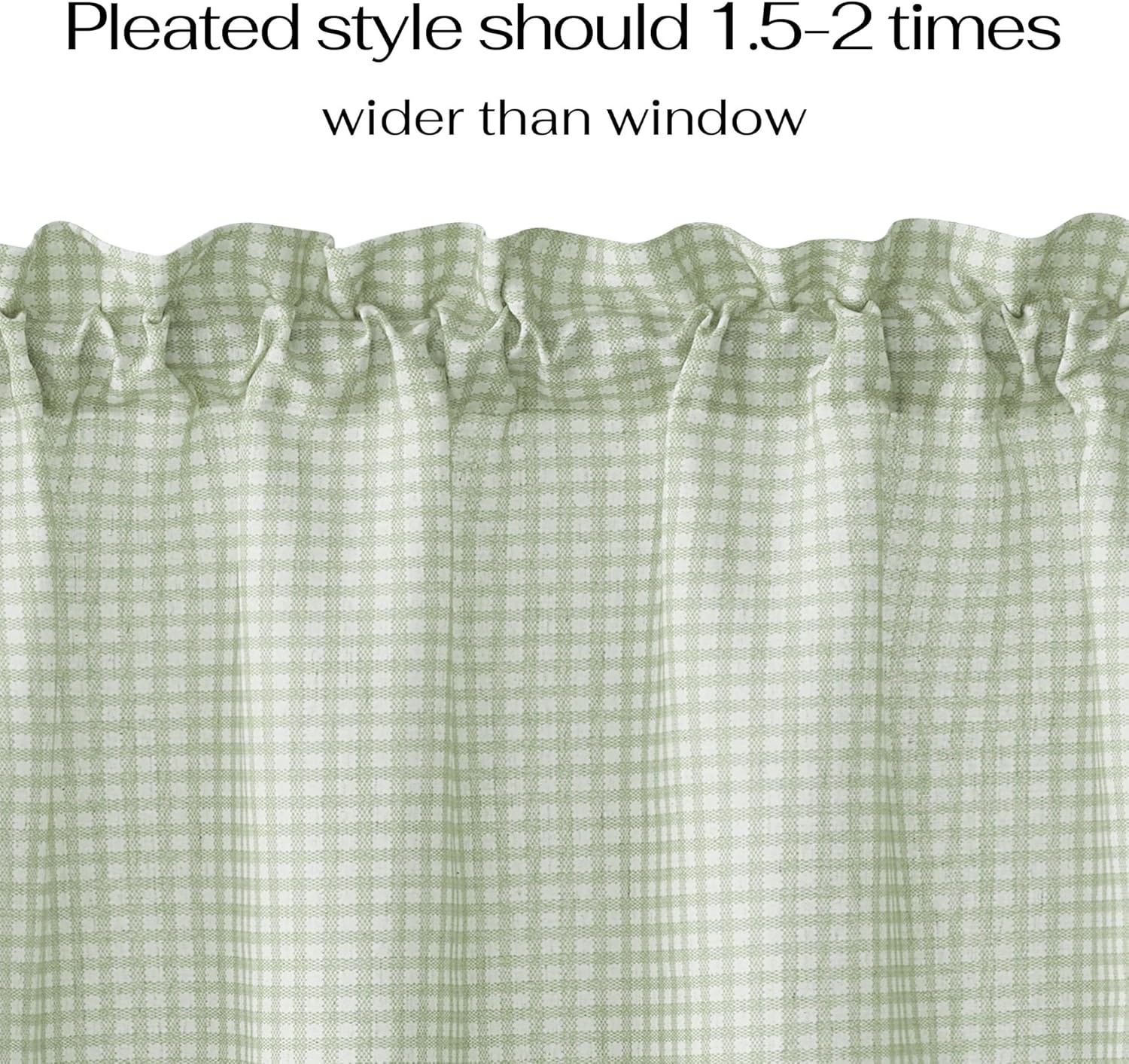 Light green and white gingham pleated curtain valance, showing gathered top and woven fabric.