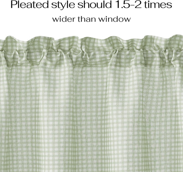 Close-up of a light sage green and white gingham patterned curtain with a ruffled rod pocket top.