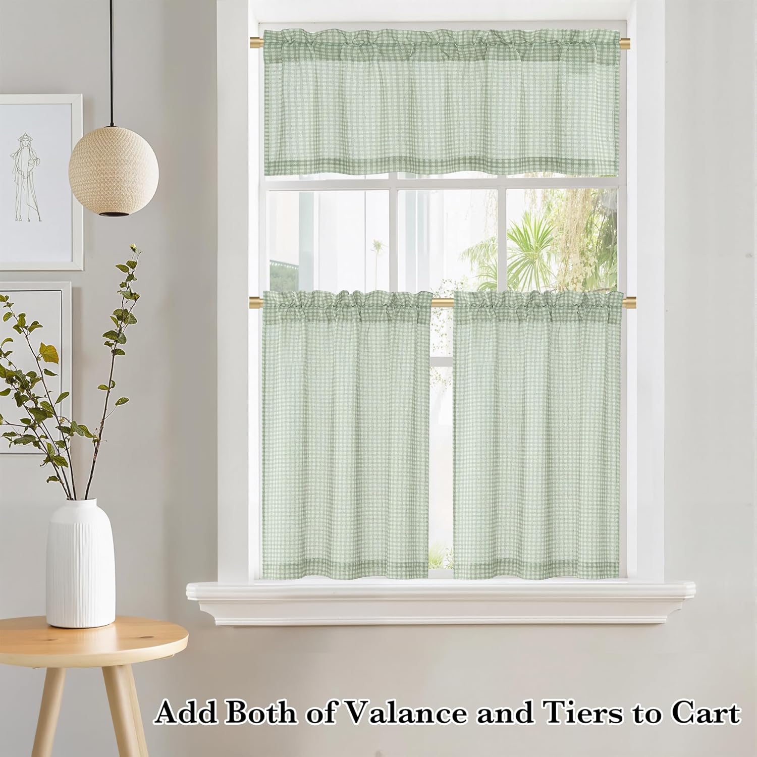Light green gingham window curtains, featuring a rod pocket valance and two tier panels. Semi-sheer fabric allows natural light.