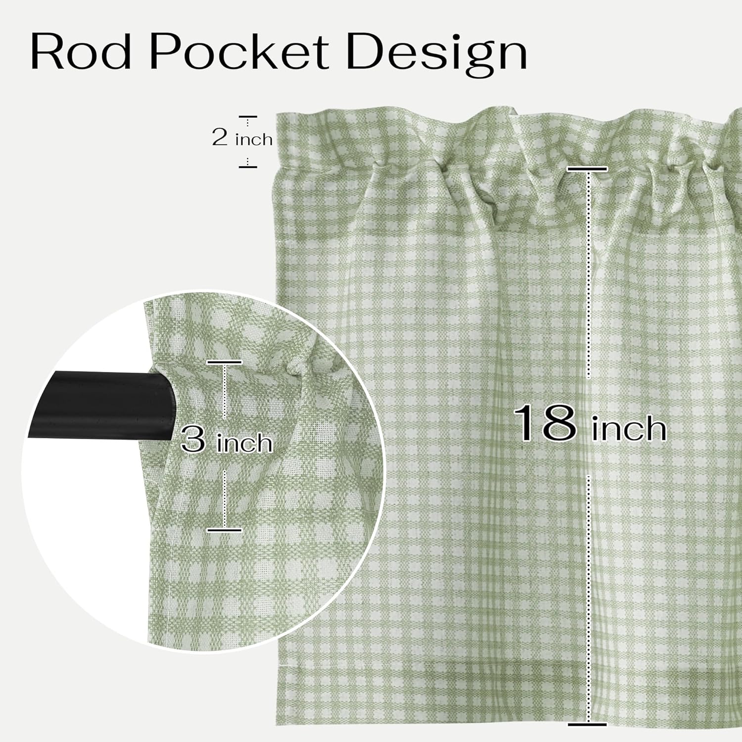 Light green and white plaid rod pocket curtain, showing 2-inch ruffle, 3-inch pocket, and 18-inch length.