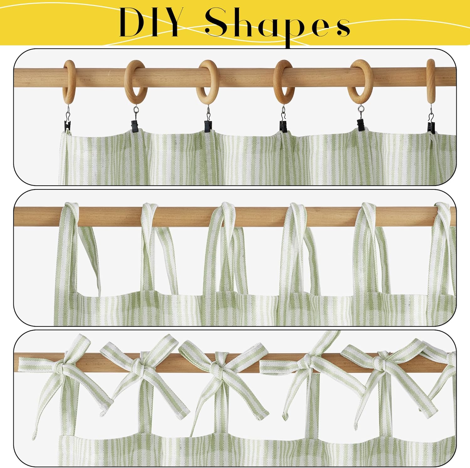 Light green striped curtain fabric showing clip-on rings, tie-top loops, and bow hanging styles.