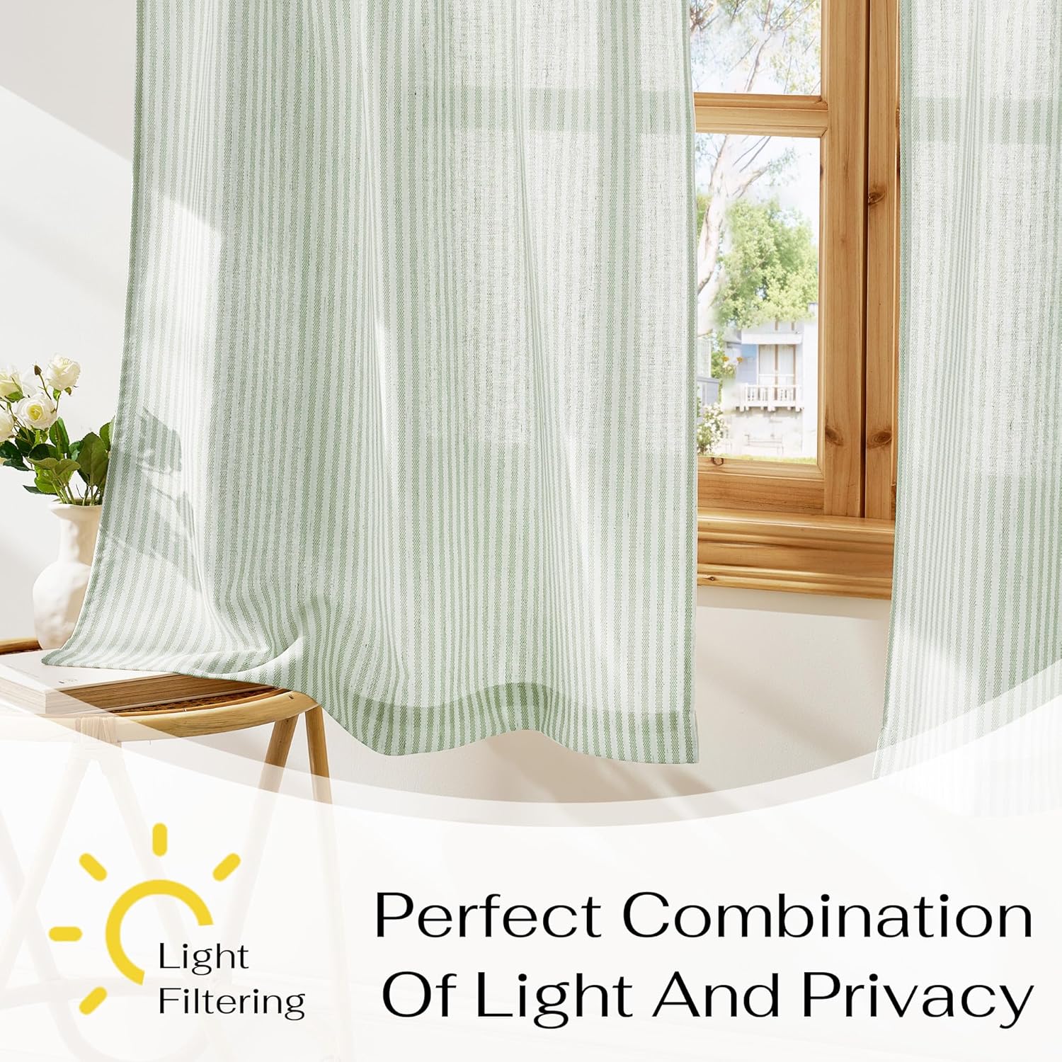 Sheer light green striped curtains provide privacy and filter sunlight through a wooden window.
