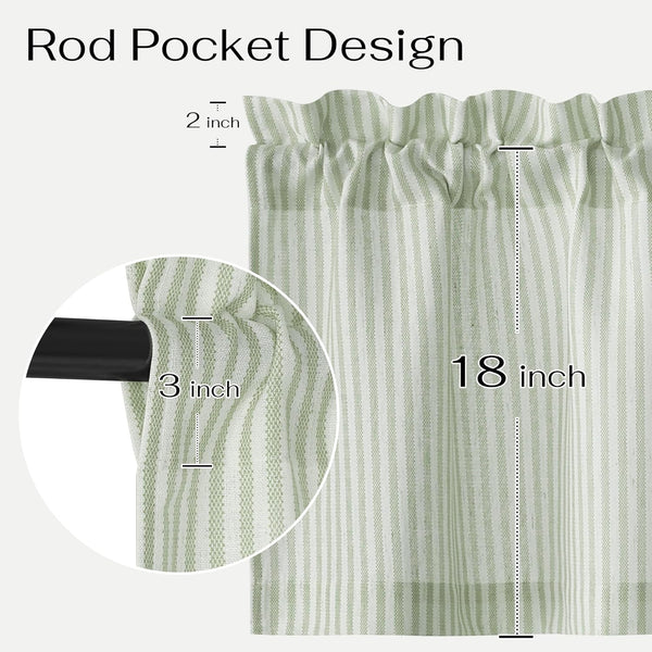 Light green and white striped rod pocket valance with 2-inch ruffle and 18-inch length.
