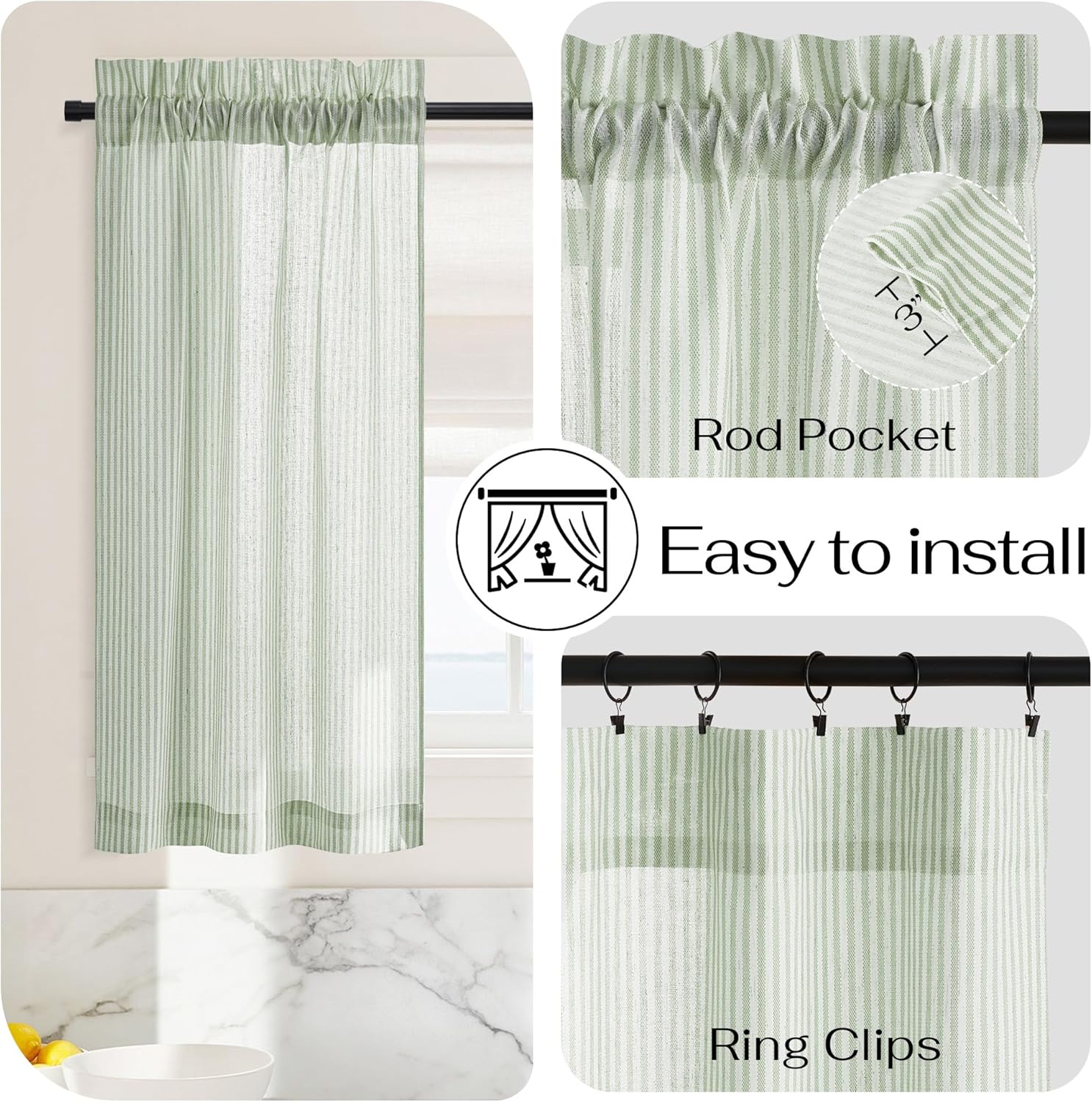 Light green and white striped semi-sheer cafe curtain with rod pocket top, hanging in a kitchen window.