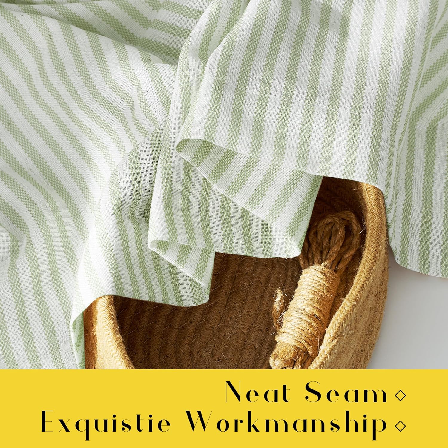 Close-up of neatly draped light green and white striped woven fabric, highlighting its texture and quality.