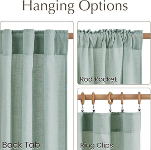 Light green textured curtain displaying back tab, rod pocket, and ring clip hanging options.