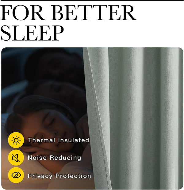 Light green textured curtains offering thermal insulation, noise reduction, and privacy.