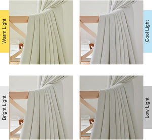 Textured light greige curtain fabric draped over a wooden chair, shown under different light conditions.
