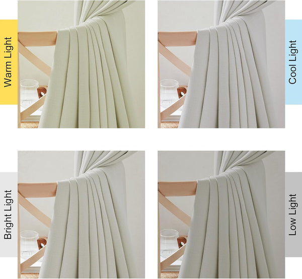 Textured light greige curtain fabric draped over a wooden chair, shown under different light conditions.