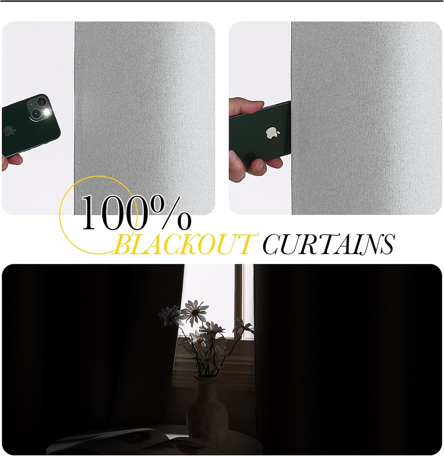 Light grey 100% blackout curtains blocking phone flashlight, effectively darkening a room.