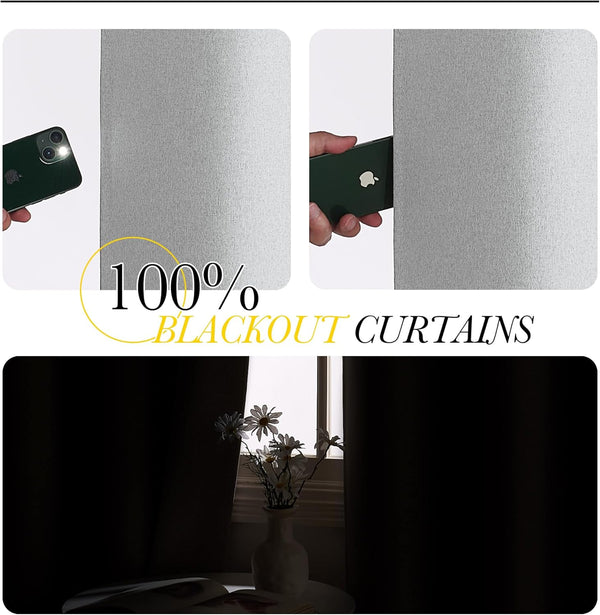 Light grey 100% blackout curtains blocking phone flashlight, effectively darkening a room.