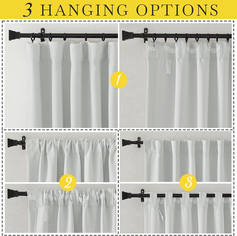 Long white pleated curtains hanging on a black rod, offering elegant room darkening for a modern window.