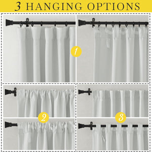 Light grey curtain demonstrating multiple heading options: back tab, rod pocket, pin hook, tab top.