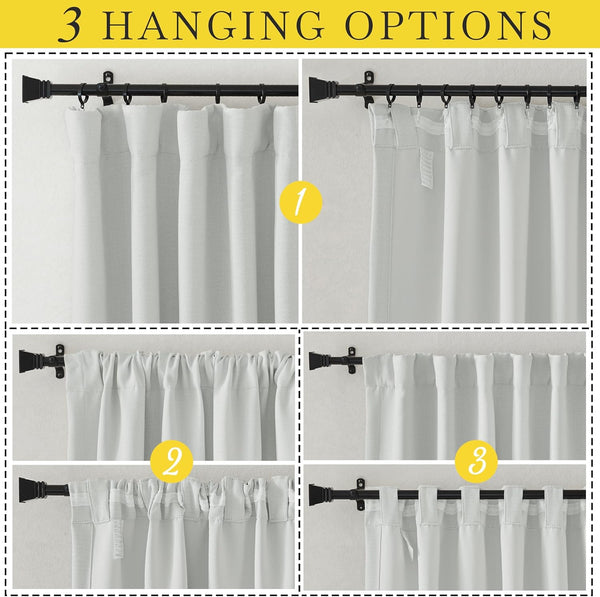 Light grey curtain demonstrating multiple heading options: back tab, rod pocket, pin hook, tab top.