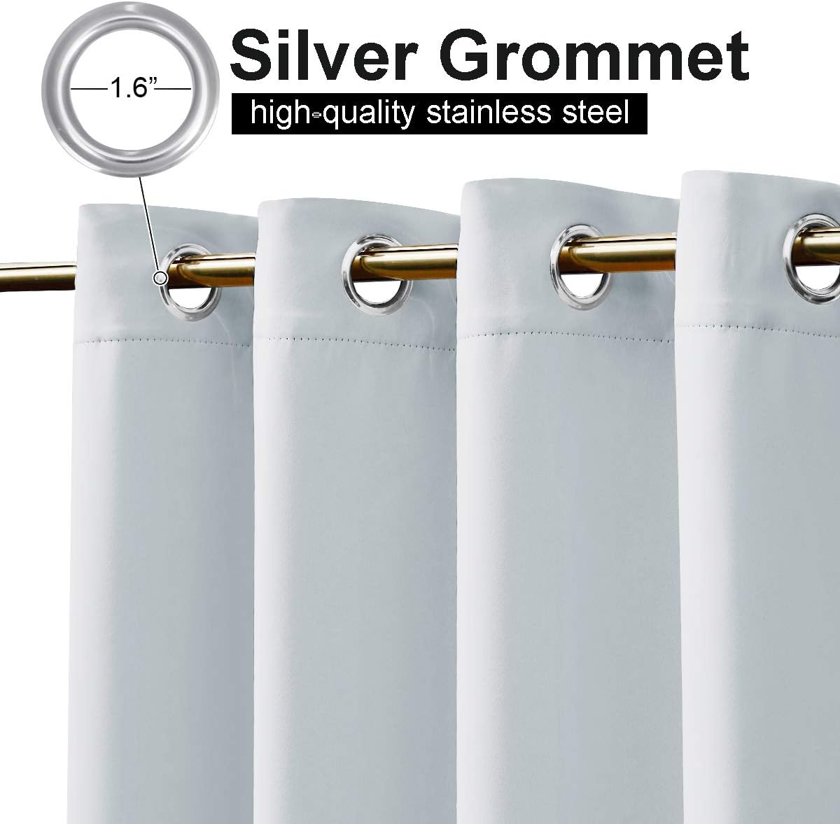Close-up of light grey curtain panels featuring 1.6-inch silver stainless steel grommets on a gold rod.