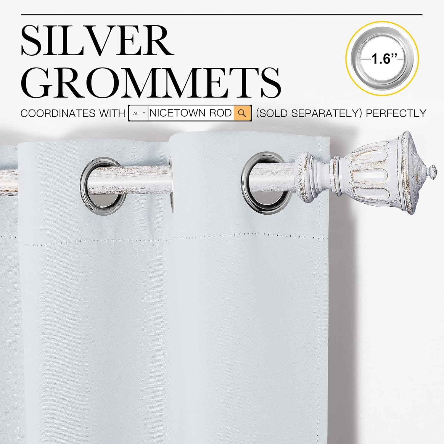 Light grey curtain panel featuring 1.6-inch silver grommets on a decorative distressed white rod.