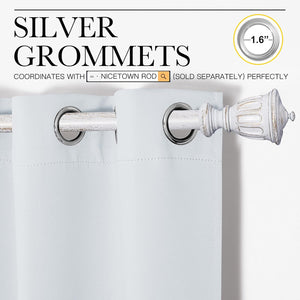 Light grey curtain panel featuring 1.6-inch silver grommets on a decorative distressed white rod.