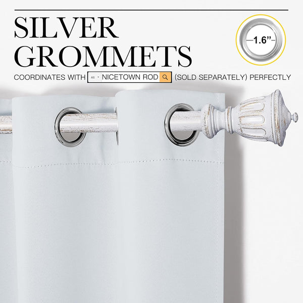 Light grey curtain panel featuring 1.6-inch silver grommets on a decorative distressed white rod.