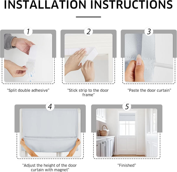 Installation guide for a light grey fabric magnetic door shade with adhesive backing.