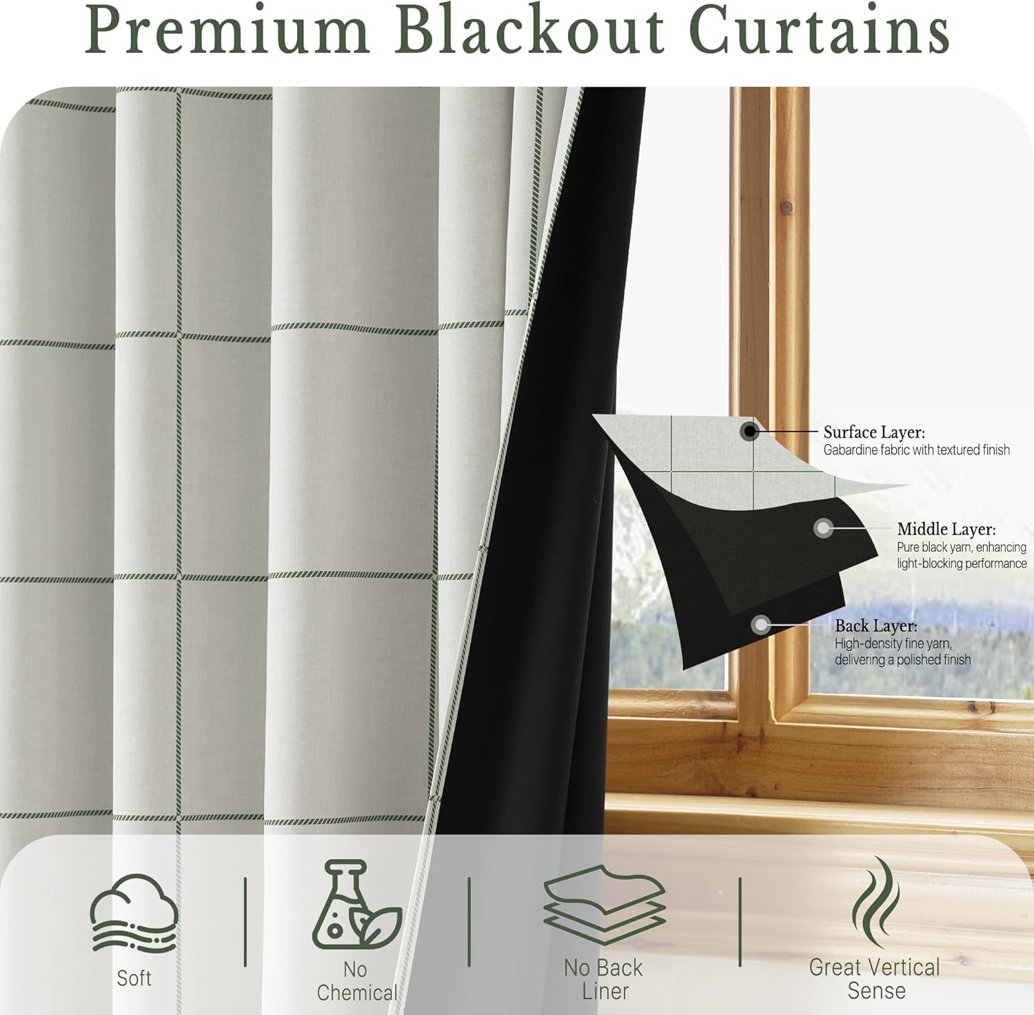 Light grey blackout curtains with green plaid pattern, layered gabardine fabric for light blocking.