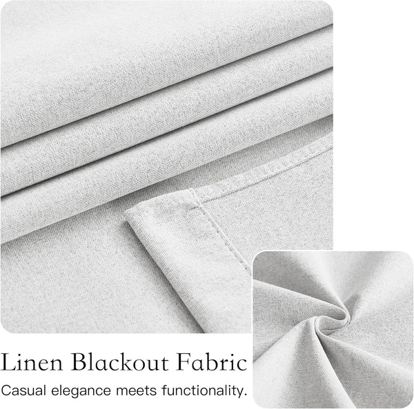 Light gray linen blackout fabric with visible textured weave, shown folded and in a small coiled swatch.