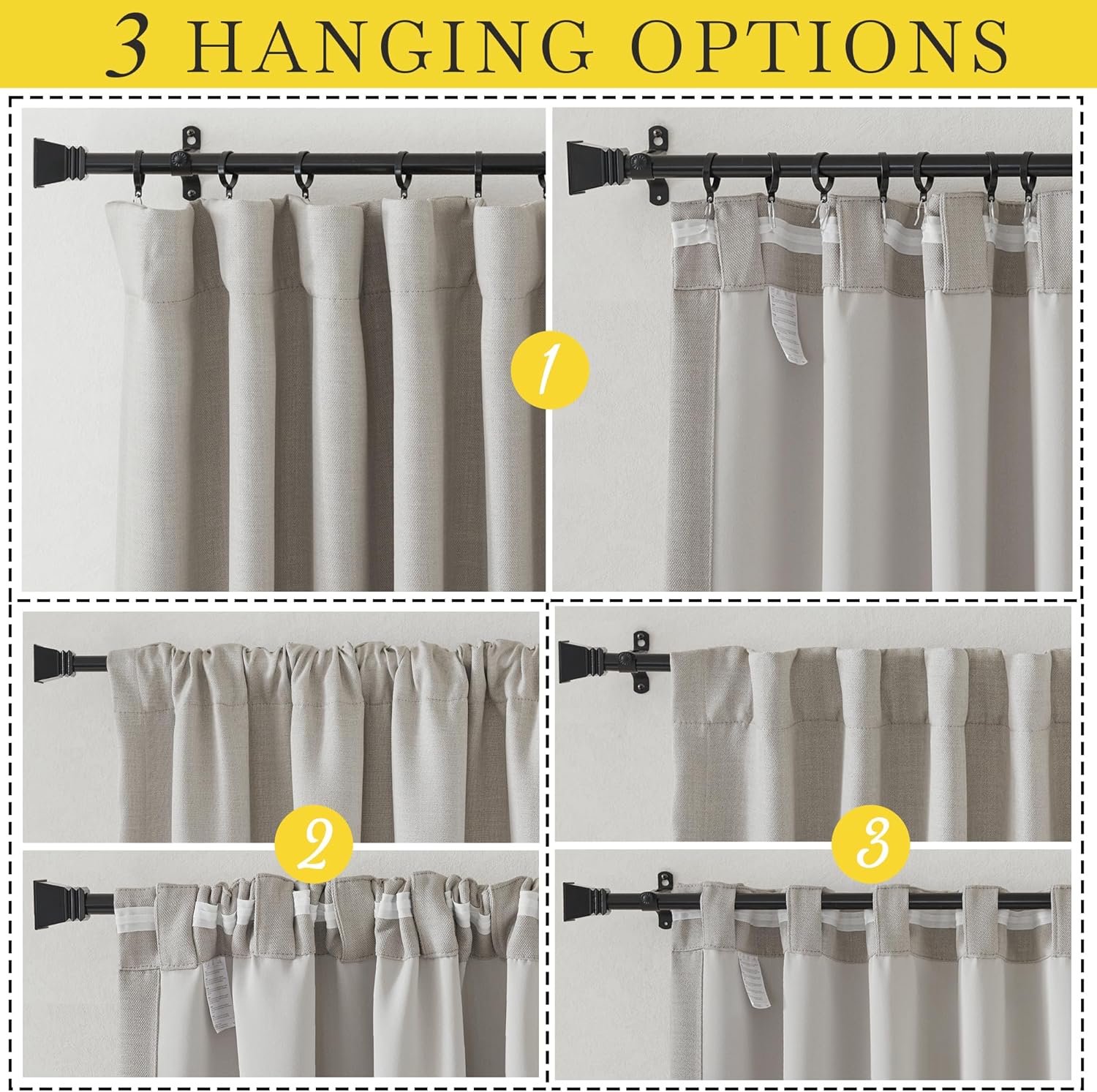 Light grey linen-textured curtains demonstrating three common hanging options.