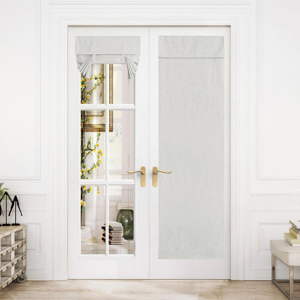 Light grey linen-textured shades on white French doors. Features a tie-up valance and a flat panel.