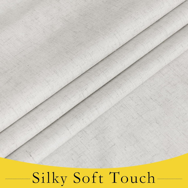 Close-up of a light grey, linen-look drapery fabric with a soft, subtle woven texture and gentle drape.