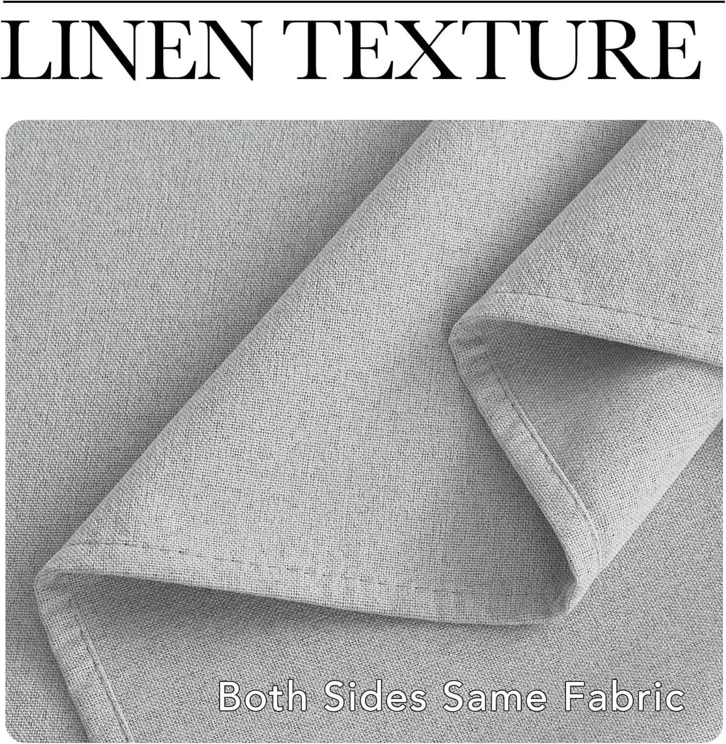 Close-up of light grey linen texture fabric, folded to show its uniform weave and finished edges.