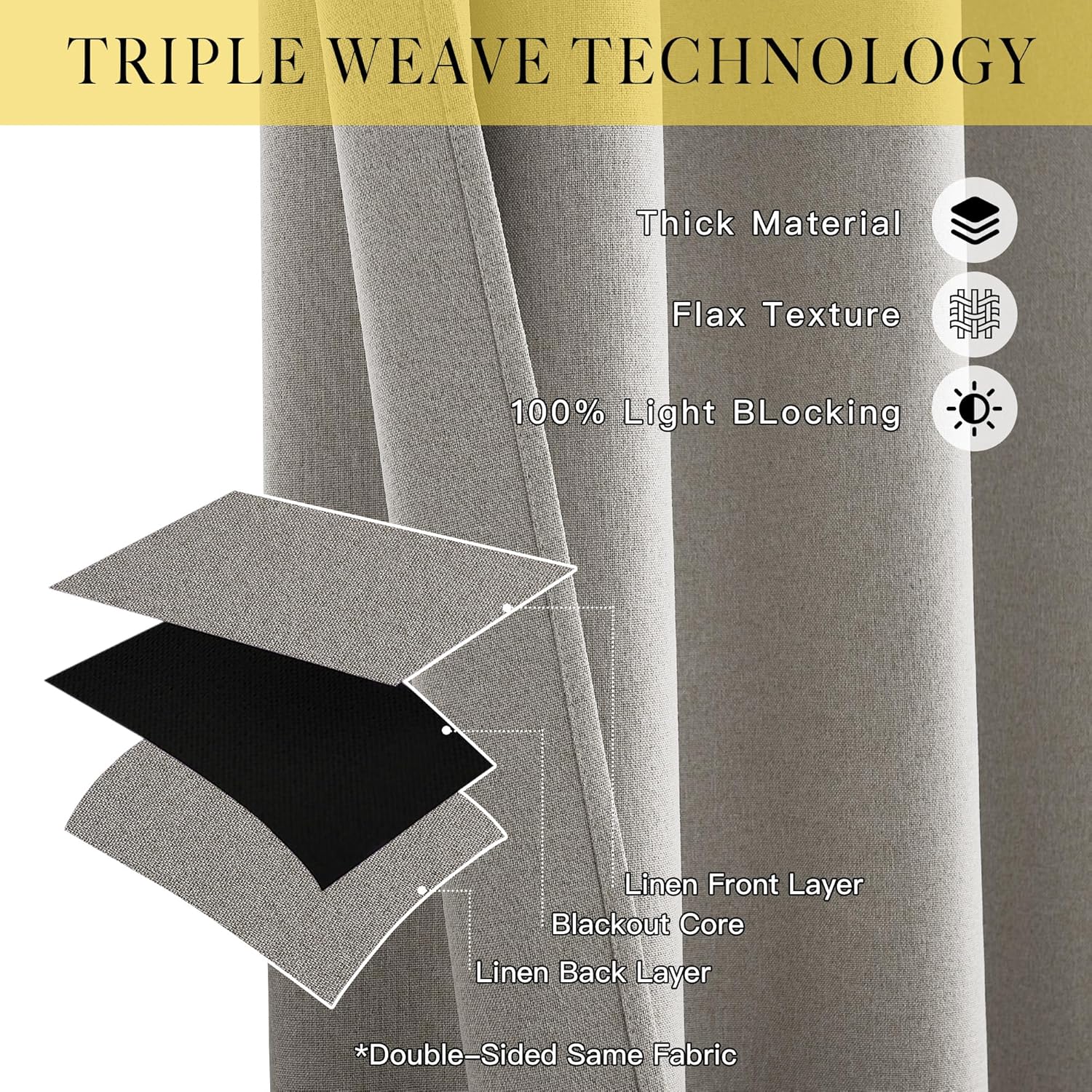 Light grey linen blackout curtain showing its thick triple weave fabric construction.