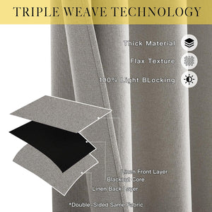 Light grey linen blackout curtain showing its thick triple weave fabric construction.