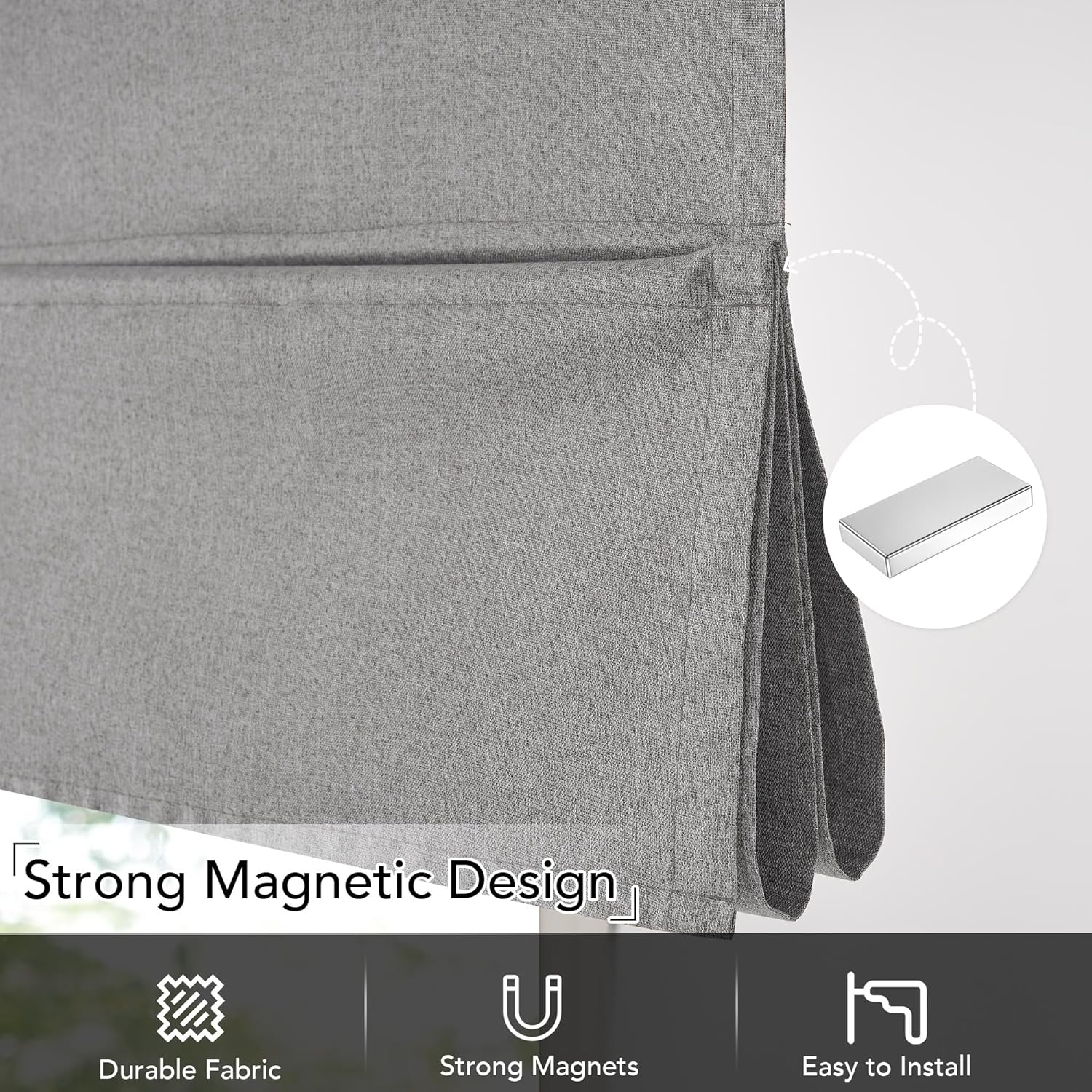 Grey textured fabric window shade, magnetically folded up. Inset shows the strong rectangular magnet.