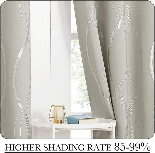 Light grey blackout curtains with a shimmering silver wavy line pattern hanging by a window.