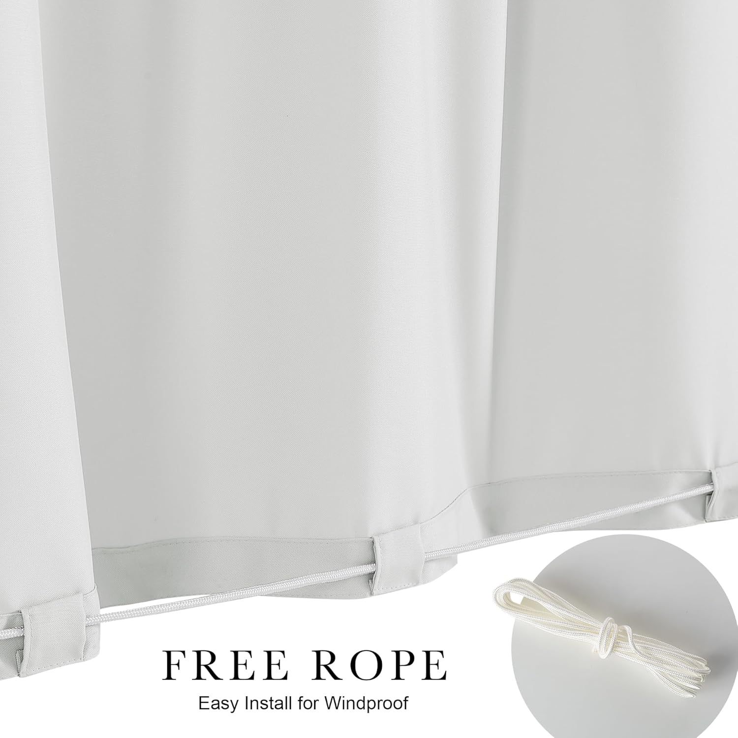 Close-up of light grey outdoor curtain with bottom loops for windproof rope installation. White rope included.