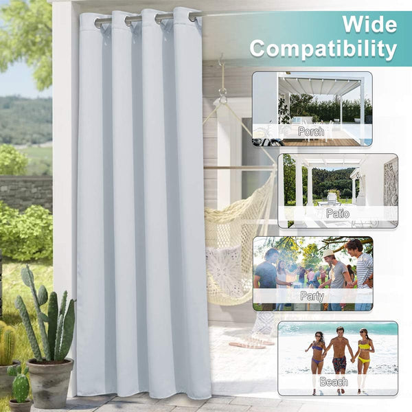 Light grey outdoor privacy curtain with metal grommet top, hanging on a sunny patio setting.