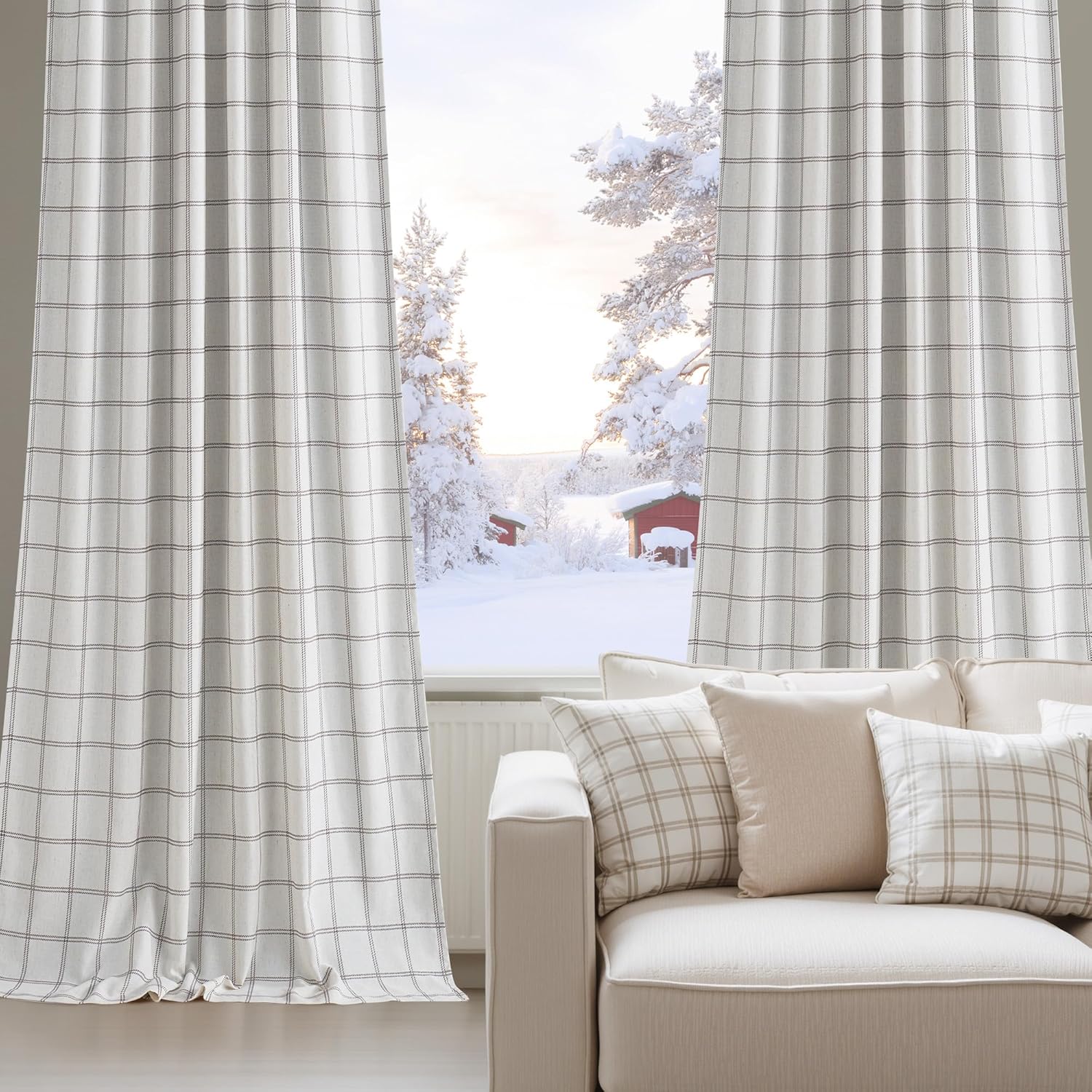 Light grey plaid window curtains with dark grid lines, framing a snowy winter scene outside.
