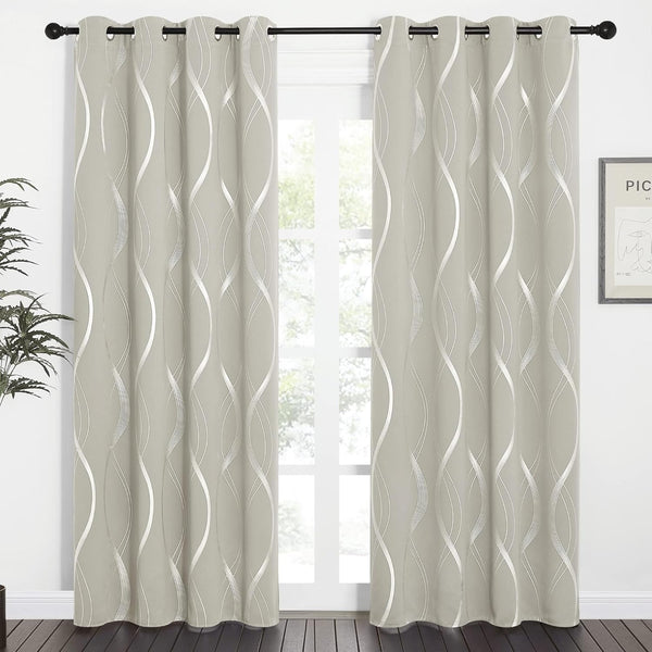 Two light grey curtain panels featuring a modern silver wave pattern and black grommet tops.