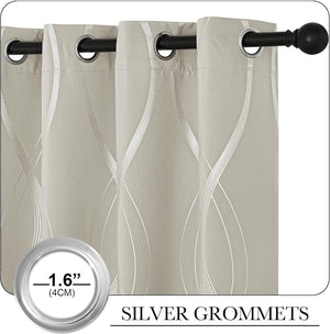 Light grey curtains with shimmering silver wavy pattern, featuring 1.6-inch silver grommets, on a black rod.