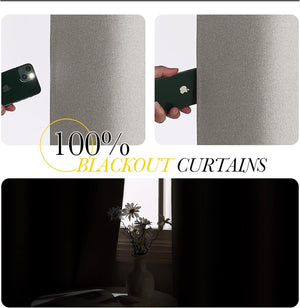Light grey textured blackout curtain fabric blocks flashlight. Room shows 100% light blocking from window.