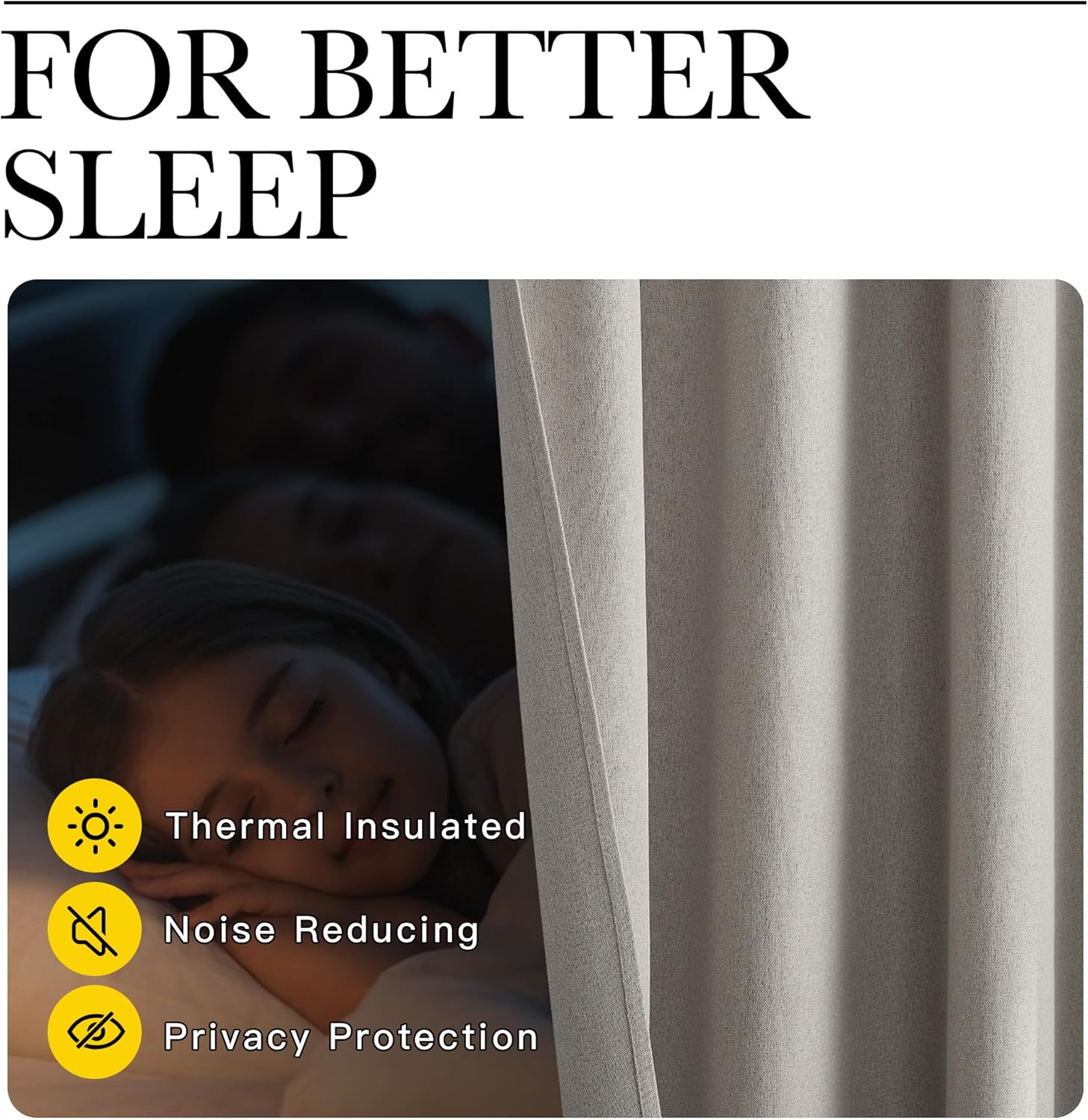 Light grey textured blackout curtains are thermal insulated and noise reducing, ensuring deep sleep.