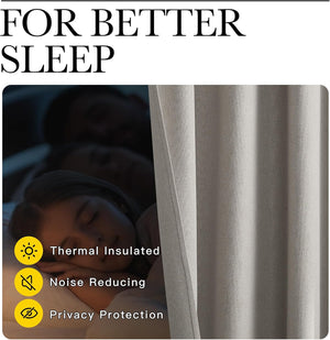 Light grey textured blackout curtains are thermal insulated and noise reducing, ensuring deep sleep.