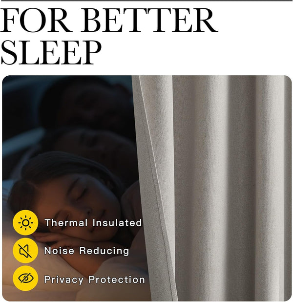 Light grey textured blackout curtains are thermal insulated and noise reducing, ensuring deep sleep.