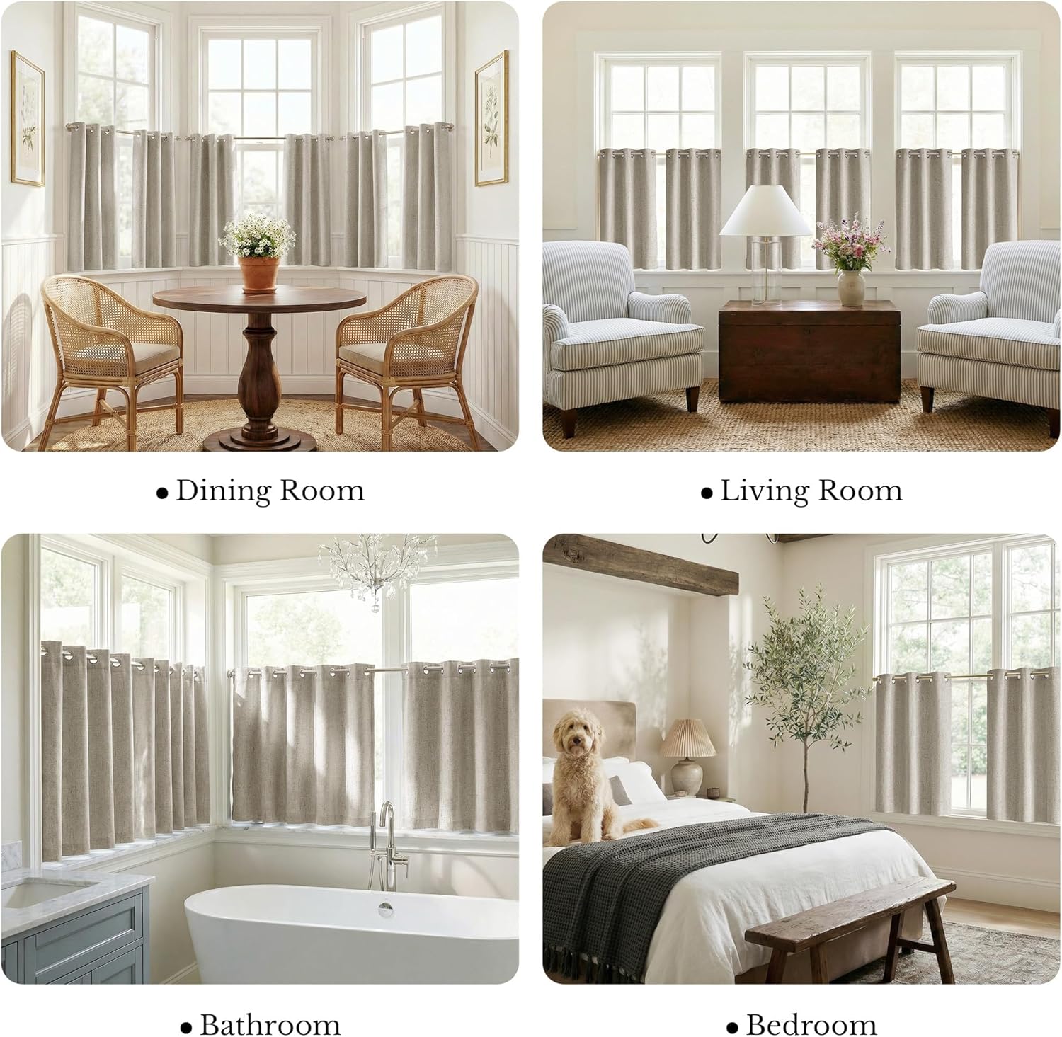 Light grey textured grommet cafe curtains installed on windows in multiple rooms, offering privacy.
