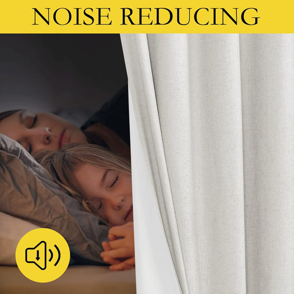 Textured light grey noise-reducing curtains with a sleeping mother and child in a dark bedroom behind.