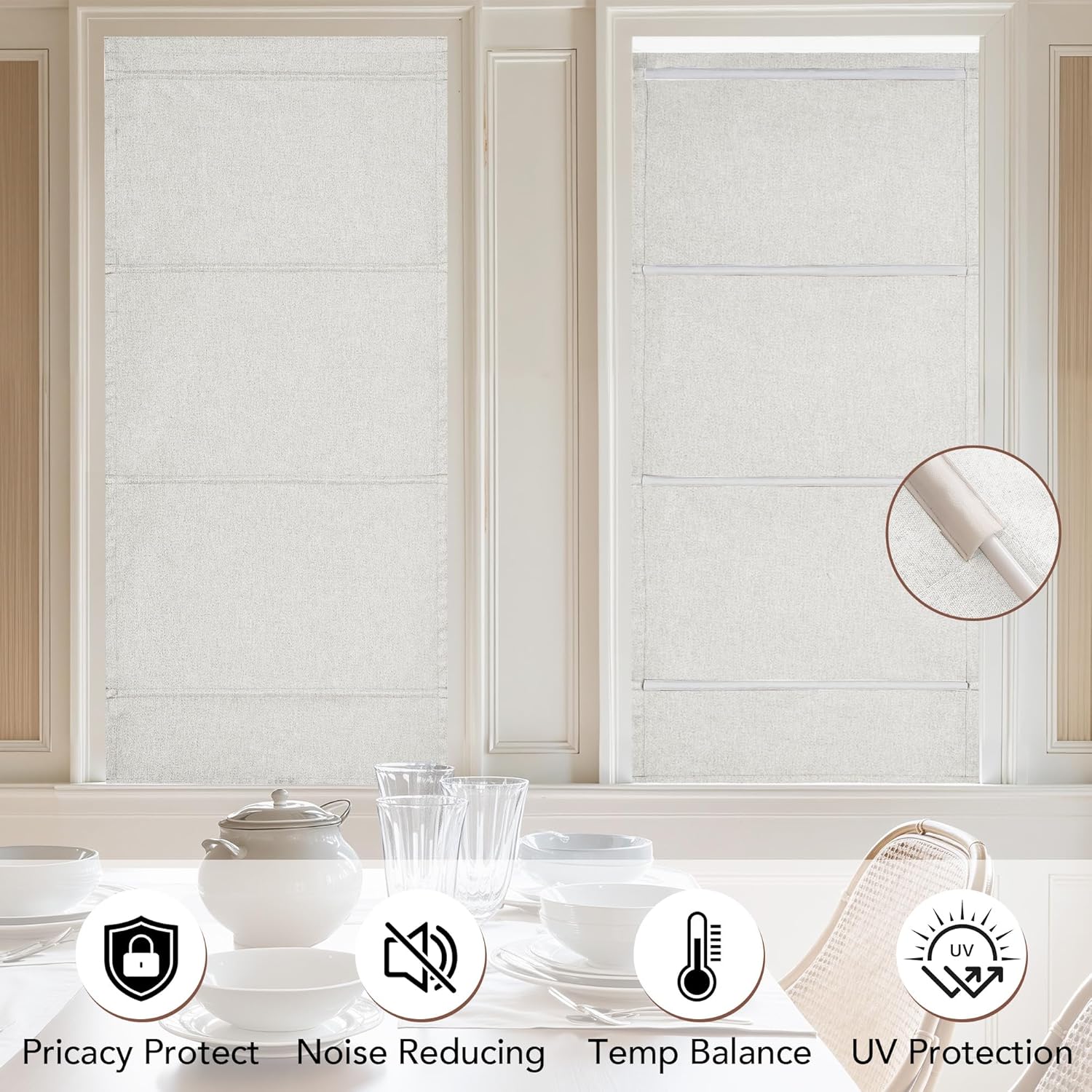 Light grey textured fabric Roman blinds installed in two white-framed windows, offering a clean, private aesthetic.