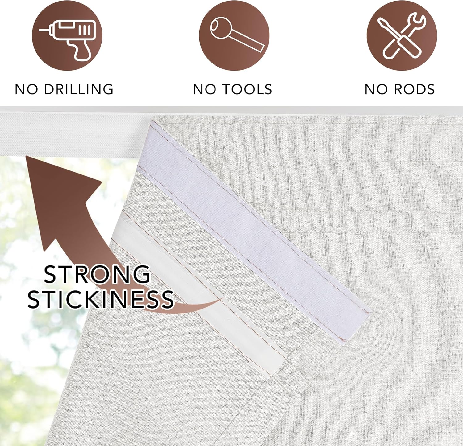 Light grey textured stick-on curtain panel. Features strong adhesive strip for no-drill, no-rod setup.