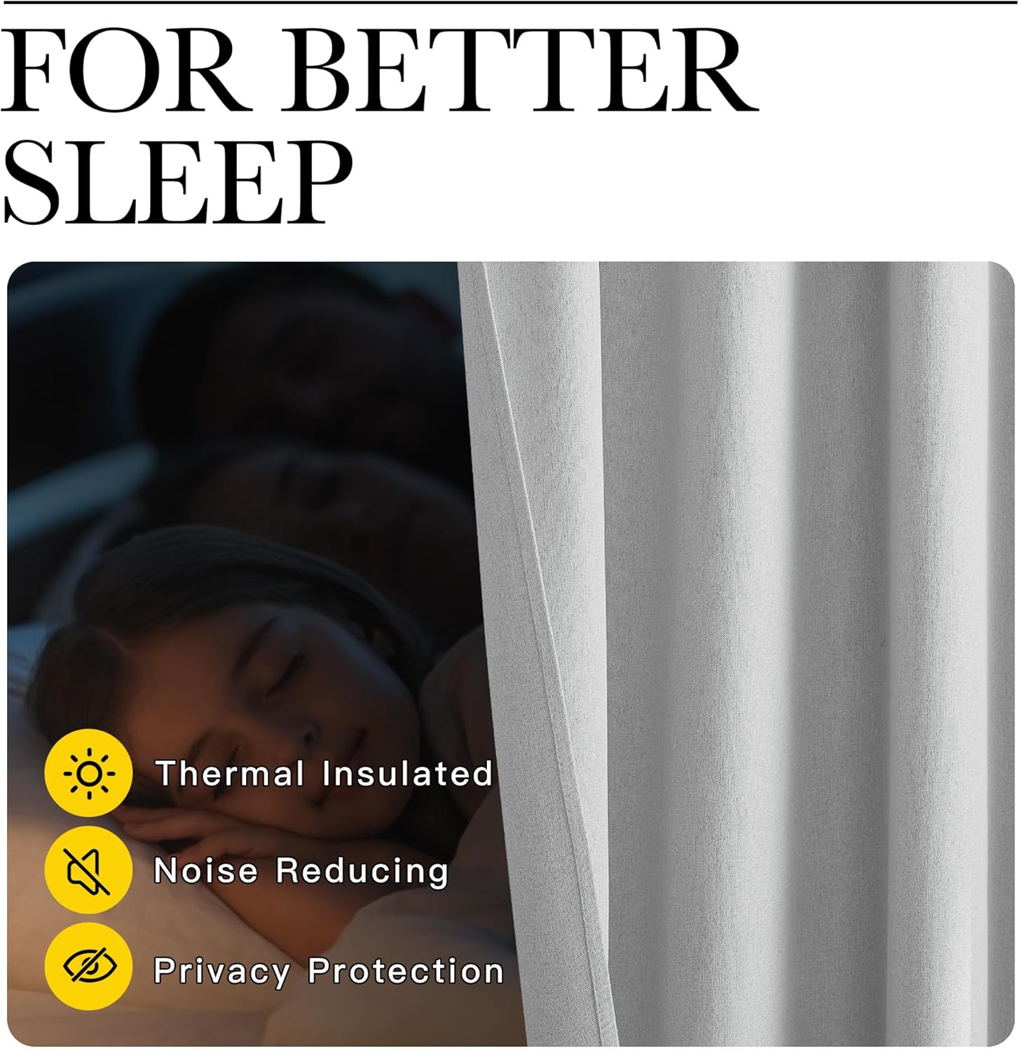 Light grey pleated blackout curtain. Highlights thermal, noise reducing, and privacy features for sleep.