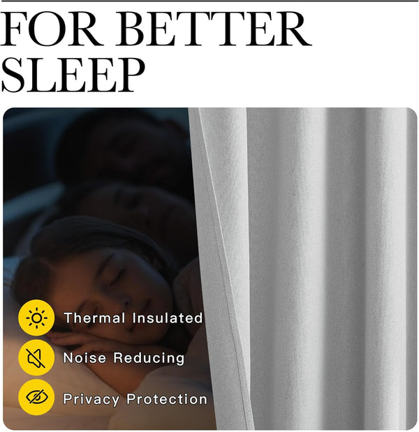 Light grey pleated blackout curtain. Highlights thermal, noise reducing, and privacy features for sleep.