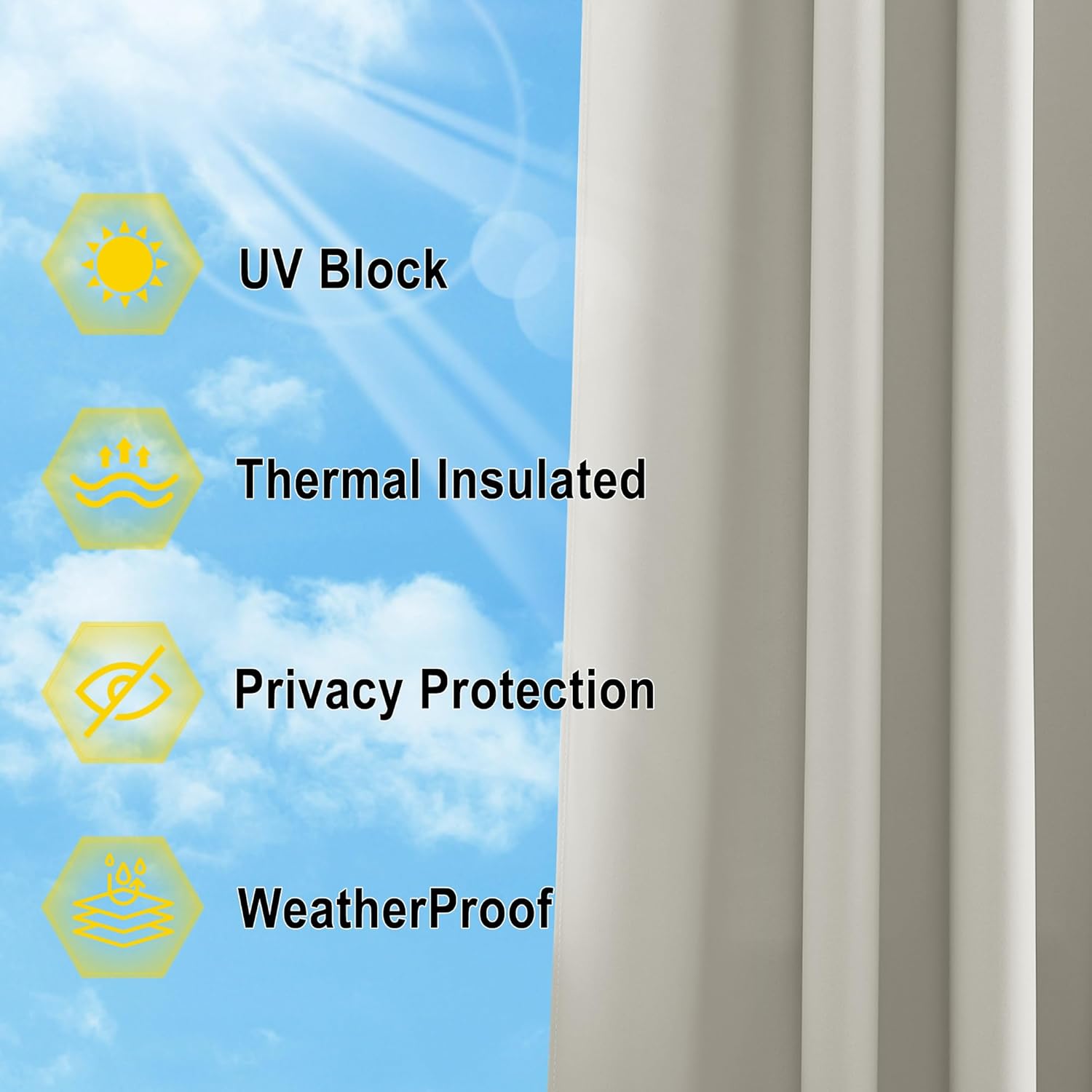 Light grey curtain highlighting thermal insulation and privacy protection features.