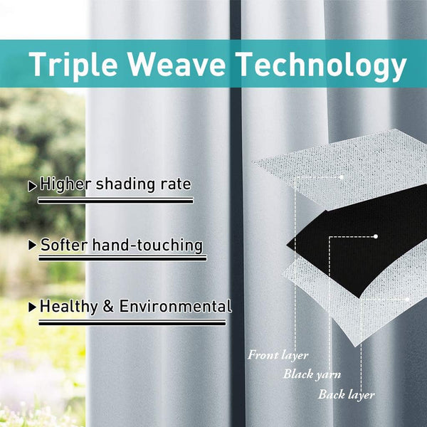 Light grey curtain showing cross-section of triple weave blackout technology with black yarn layer.